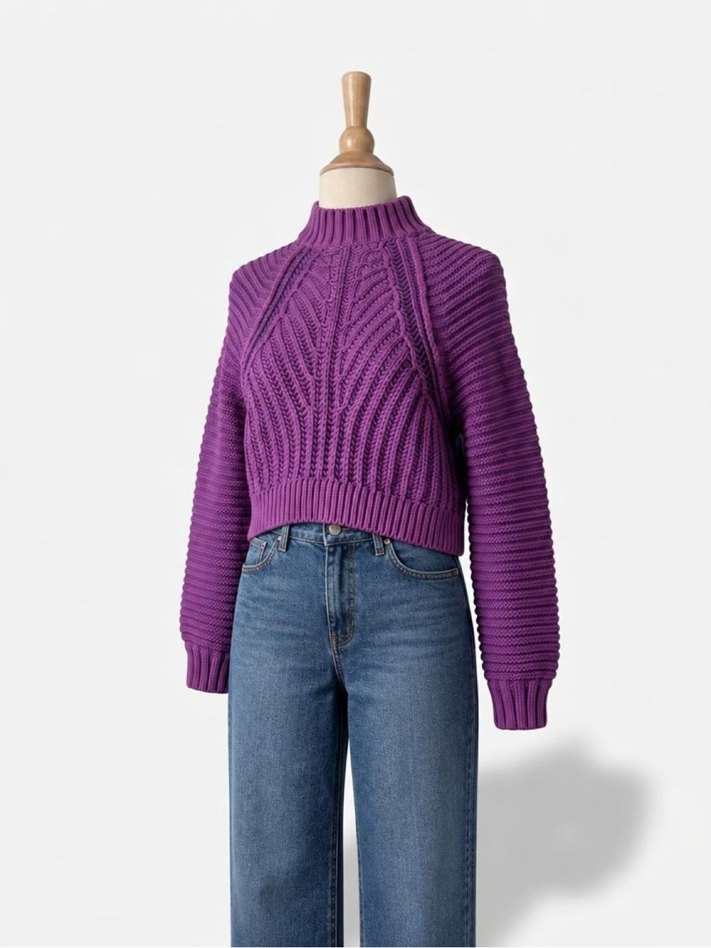 Free People Purple Cropped Cable Knit Turtleneck Sweater